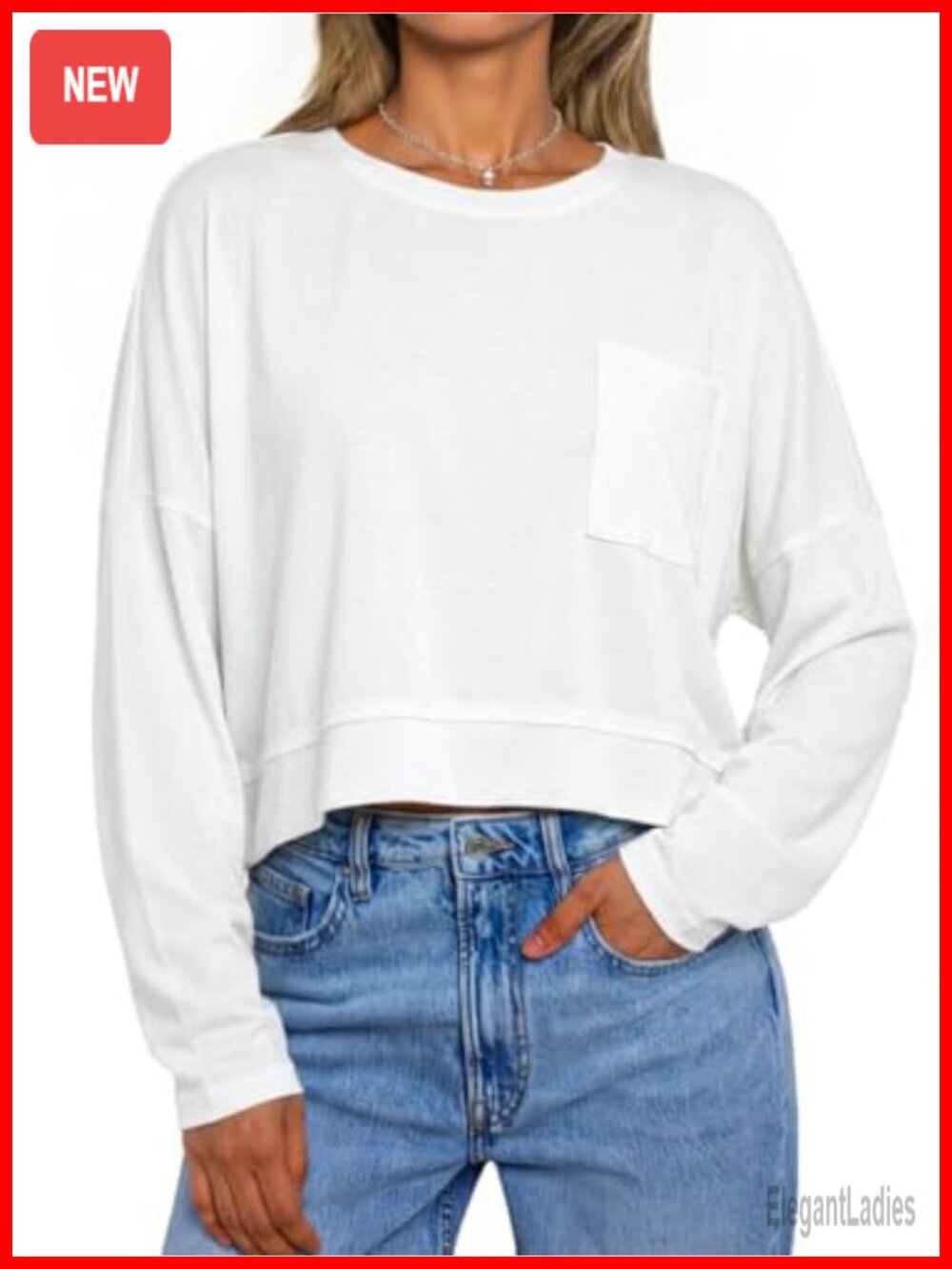 Womens Cropped Long Sleeve Boxy Tee Loose Fit Crew Neck Pocket Top